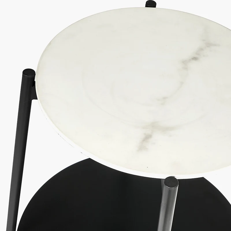 Marchello White Marble Veneer and Black Metal Side Table