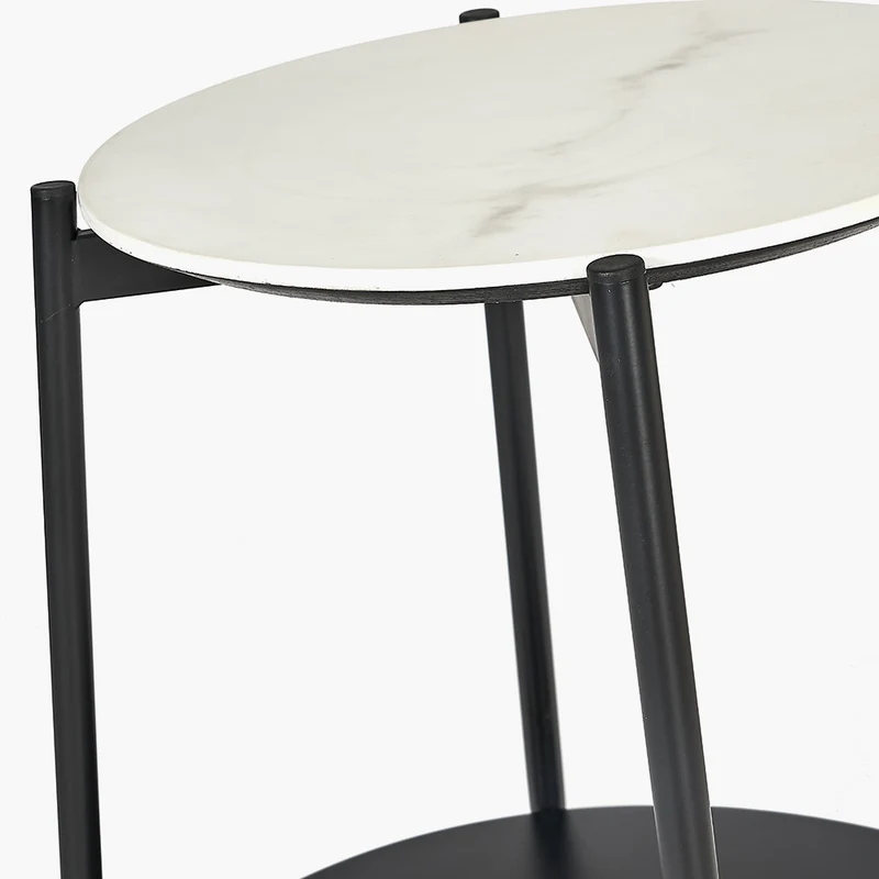 Marchello White Marble Veneer and Black Metal Side Table