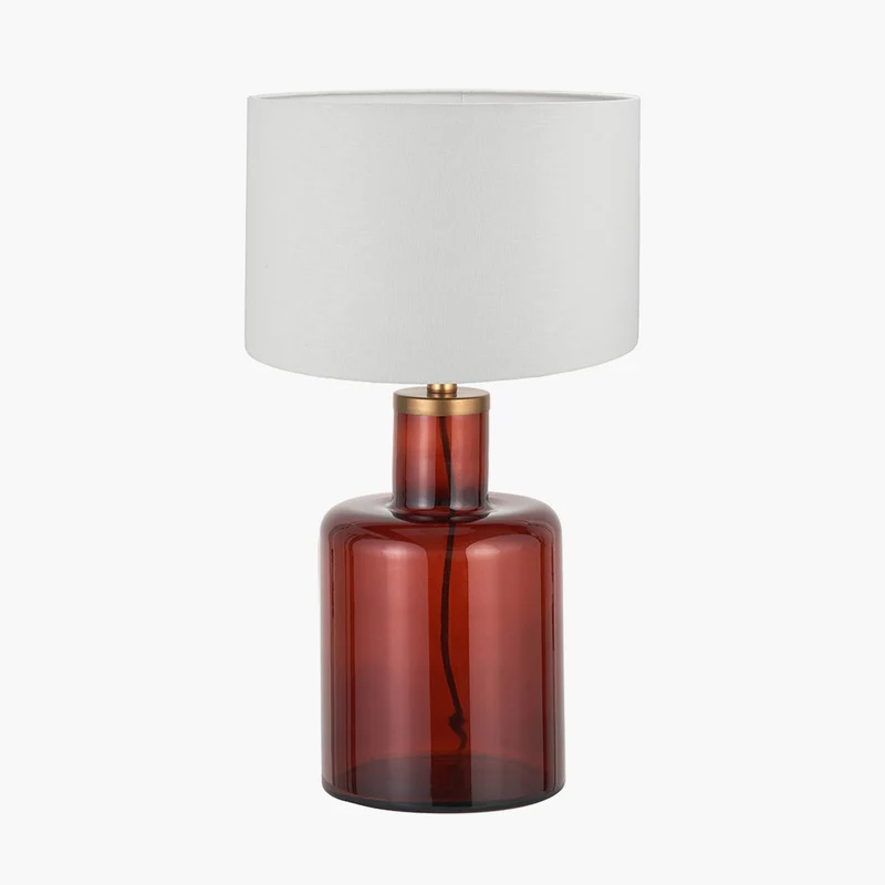 Palmo Amber Glass Bottle Table Lamp Base with Lino 35cm White Self Lined Linen Cylinder Lampshade