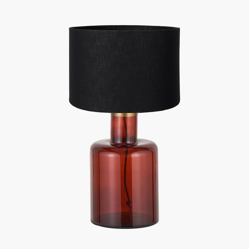 Palmo Amber Glass Bottle Table Lamp Base with Lino 35cm Black Self Lined Linen Cylinder Lampshade