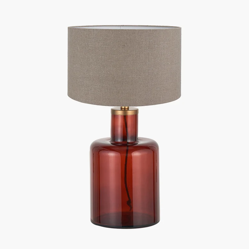 Palmo Amber Glass Bottle Table Lamp Base with Edward 35cm Natural Linen Cylinder Lampshade