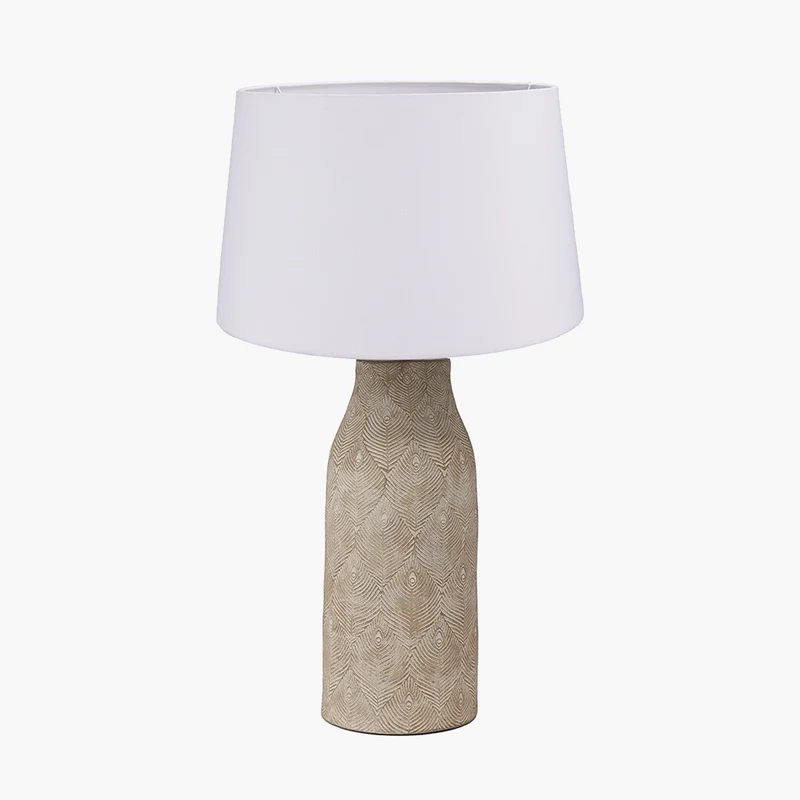 Palawan Stone Grey Feather Stoneware Table Lamp Base with Winston 40cm White Handloom Tapered Lampshade