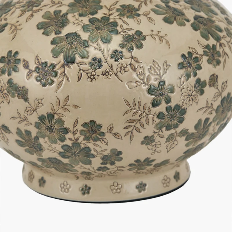 Maeve Green Floral Ceramic Table Lamp Base with Stellan 30cm Green Slubbed Silk Mix Gold Lined Cylinder Lampshade