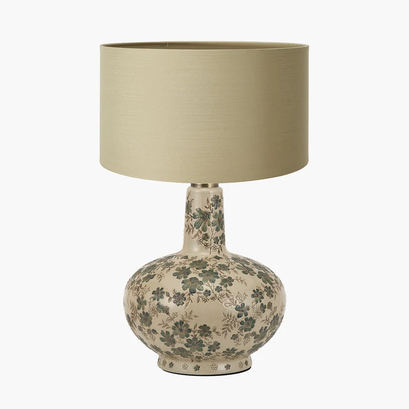 Maeve Green Floral Ceramic Table Lamp Base with Harry 30cm Taupe Cotton Mix Cylinder Lampshade