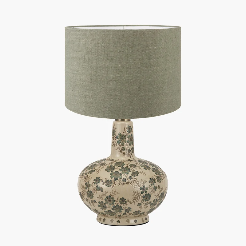 Maeve Green Floral Ceramic Table Lamp Base with Edward 30cm Pistachio Green Linen Cylinder Lampshade