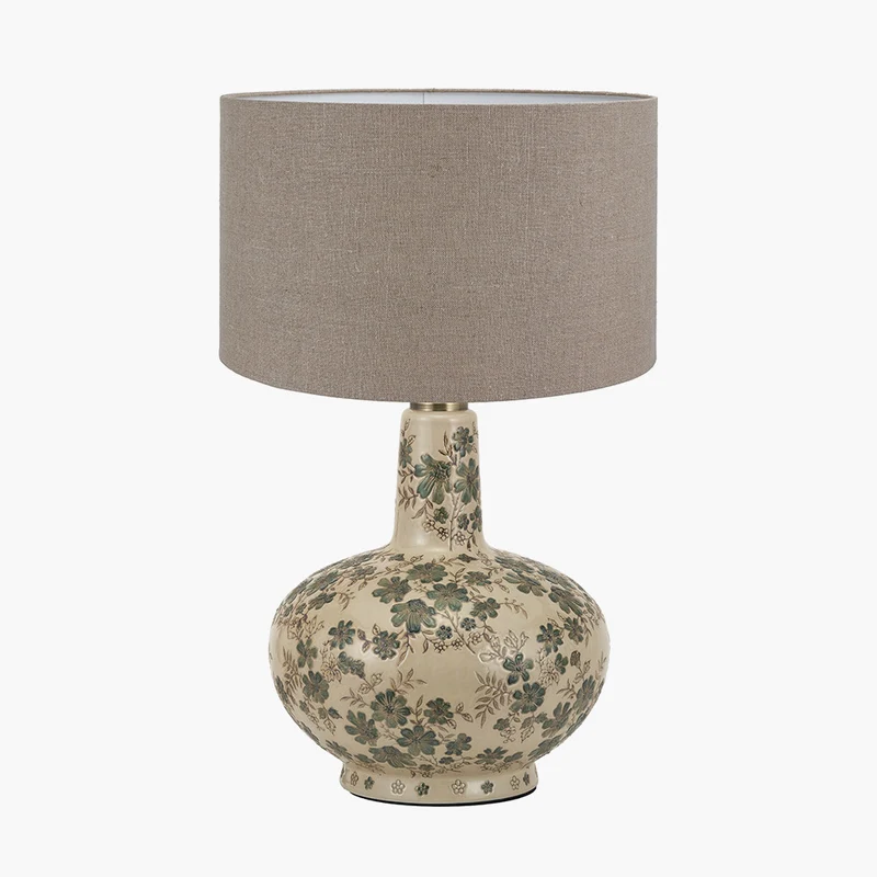 Maeve Green Floral Ceramic Table Lamp Base with Edward 30cm Natural Linen Cylinder Lampshade
