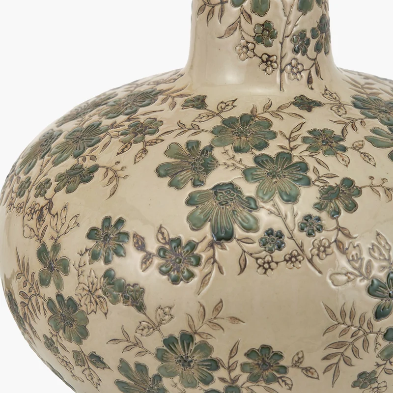 Maeve Green Floral Ceramic Table Lamp Base with Edward 30cm Natural Linen Cylinder Lampshade
