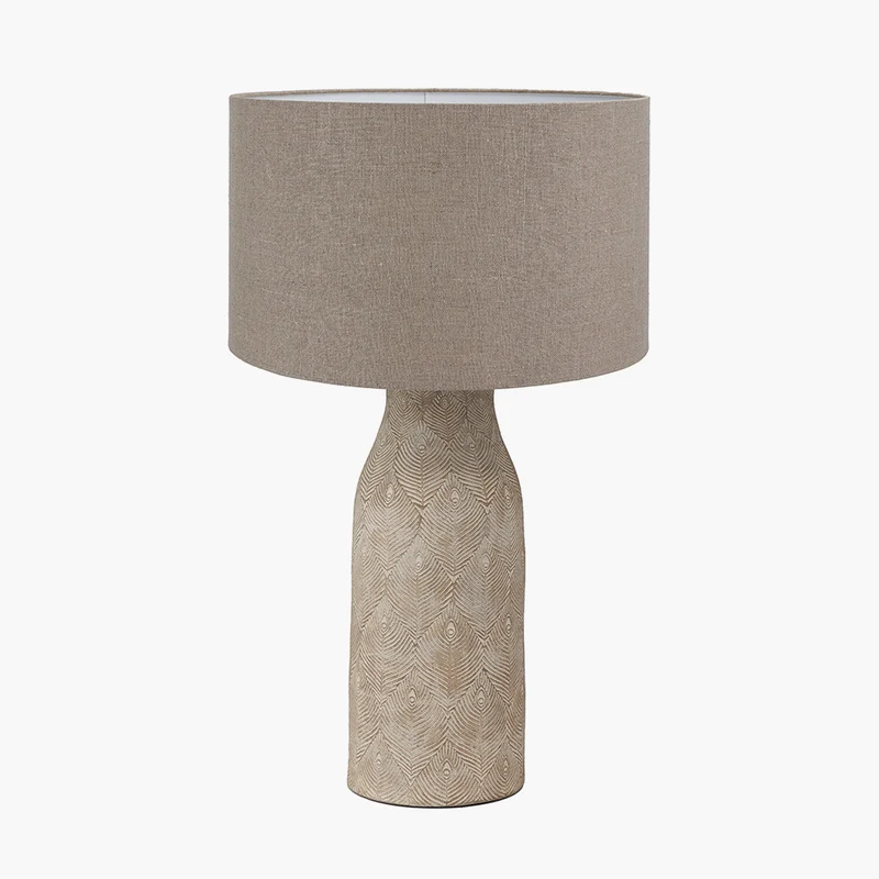 Palawan Stone Grey Feather Stoneware Table Lamp Base with Edward 40cm Natural Linen Cylinder Lampshade