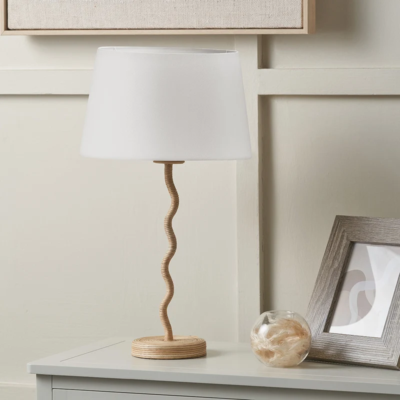 Palau Rattan Wave Table Lamp Base with Winston 20cm White Handloom Tapered Lampshade