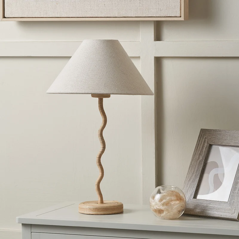 Palau Rattan Wave Table Lamp Base with Harley 30cm Slubby Hopsack Empire Lampshade