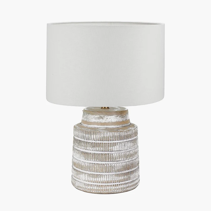 Paihia White Wash Wood Textured Short Table Lamp Base with Lino 30cm White Self Lined Linen Cylinder Lampshade