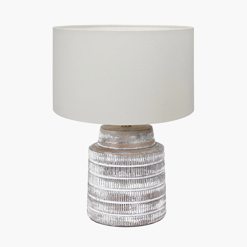 Paihia White Wash Wood Textured Short Table Lamp Base with Henry 30cm White Handloom Cylinder Lampshade