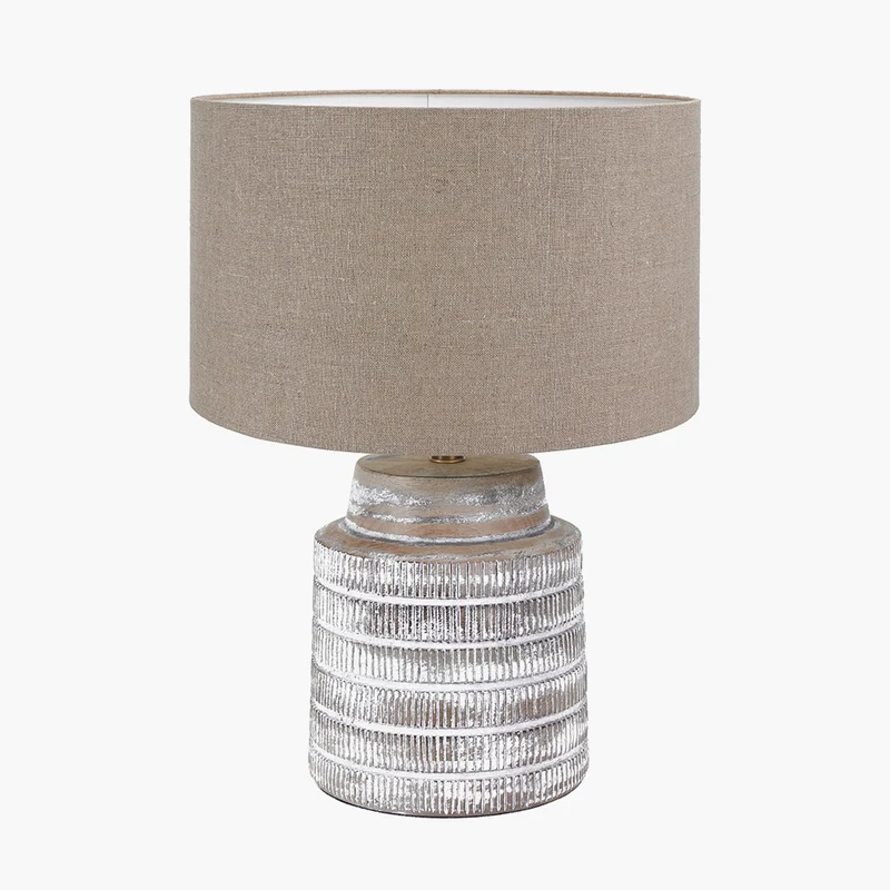 Paihia White Wash Wood Textured Short Table Lamp Base with Edward 30cm Natural Linen Cylinder Lampshade