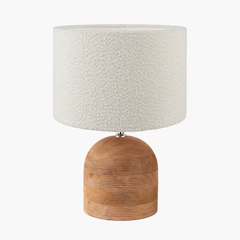 Nelu Natural Engraved Wood Dome Table Lamp Base with Rouen 35cm White Boucle Cylinder Lampshade