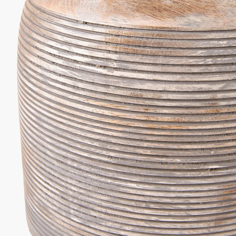 Nelu Grey Engraved Wood Dome Table Lamp Base with Lino 35cm Black Self Lined Linen Cylinder Lampshade