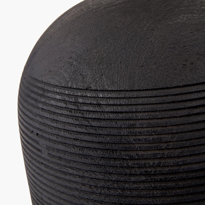 Nelu Black Engraved Wood Dome Table Lamp Base with Lino 35cm Grey Self Lined Linen Cylinder Lampshade