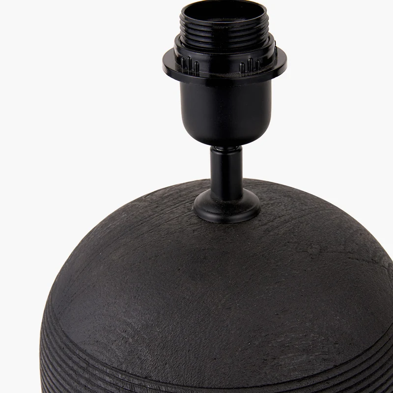 Nelu Black Engraved Wood Dome Table Lamp Base with Lino 35cm Grey Self Lined Linen Cylinder Lampshade