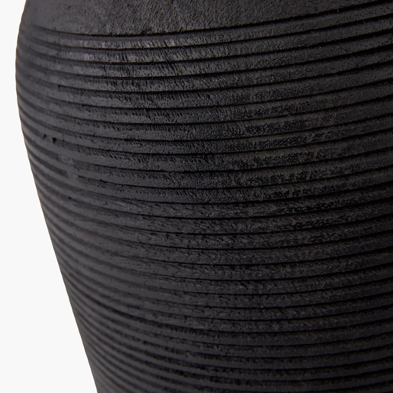 Nelu Black Engraved Wood Dome Table Lamp Base with Lino 35cm Grey Self Lined Linen Cylinder Lampshade