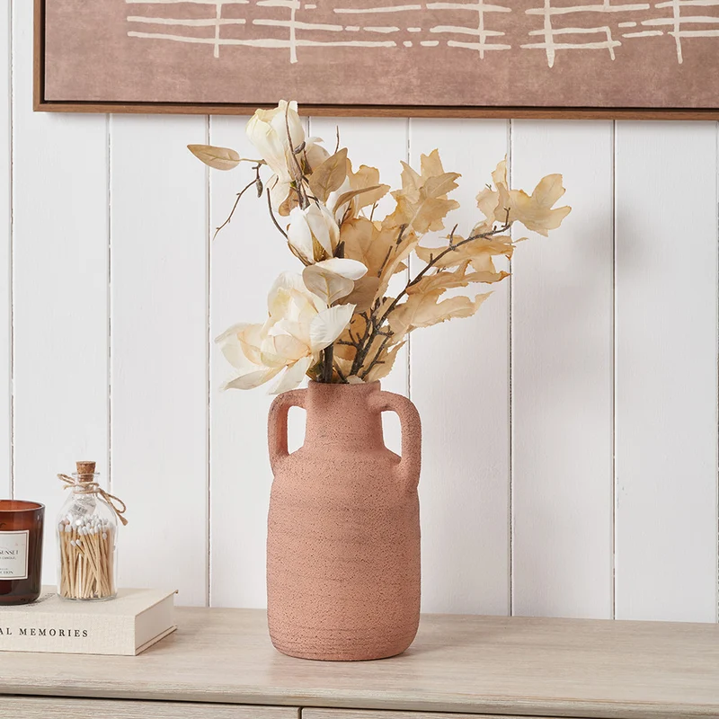 Natural Textured Terracotta Decorative Vase with Handles Medium
