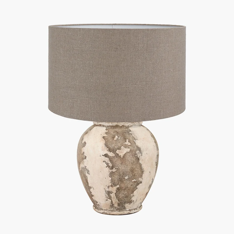 Lulia Antique Finish Stoneware Urn Table Lamp Base with Edward 45cm Natural Linen Cylinder Lampshade