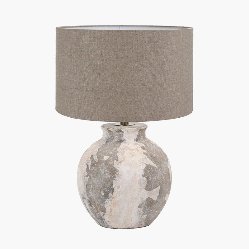 Lulia Antique Finish Stoneware Table Lamp Base with Edward 35cm Natural Linen Cylinder Lampshade