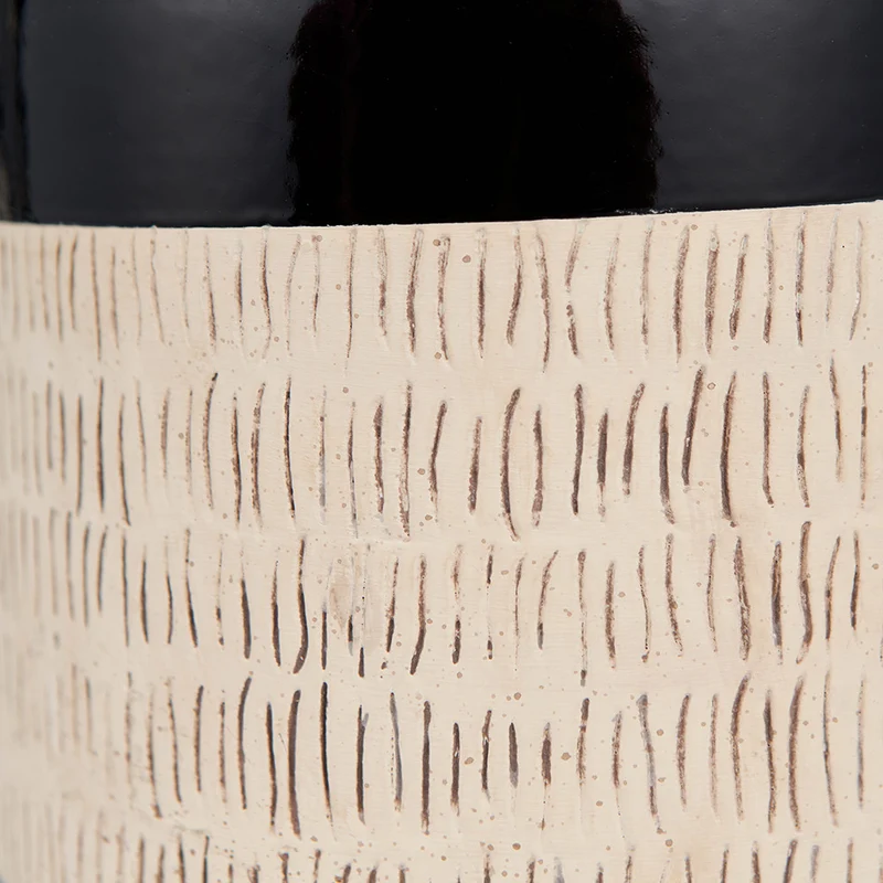 Lotta Black and Natural Stoneware Table Lamp Base with Lino 35cm Black Self Lined Linen Cylinder Lampshade