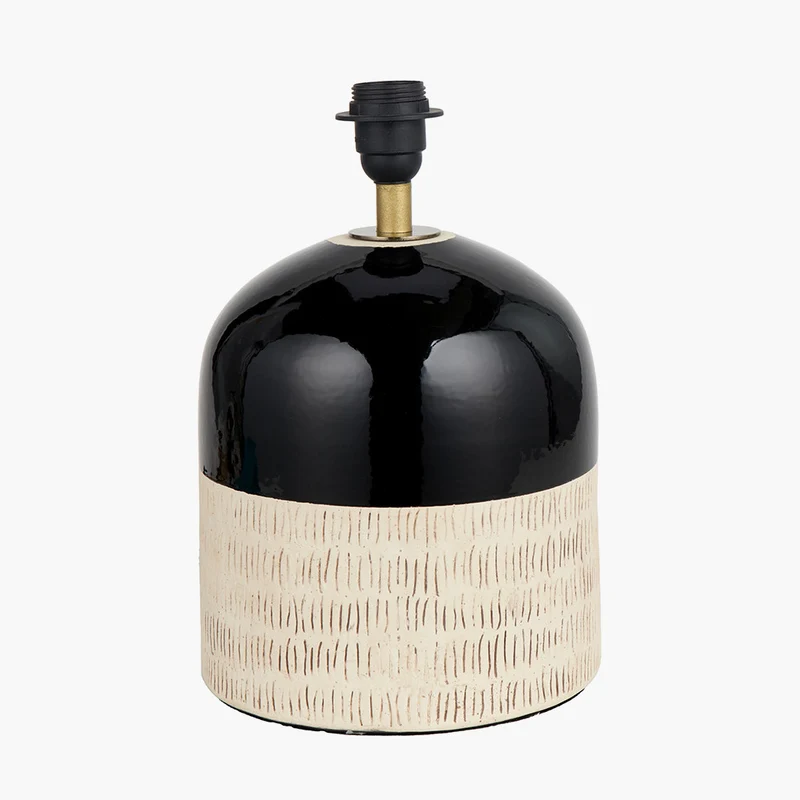 Lotta Black and Natural Stoneware Table Lamp Base with Lino 35cm Black Self Lined Linen Cylinder Lampshade