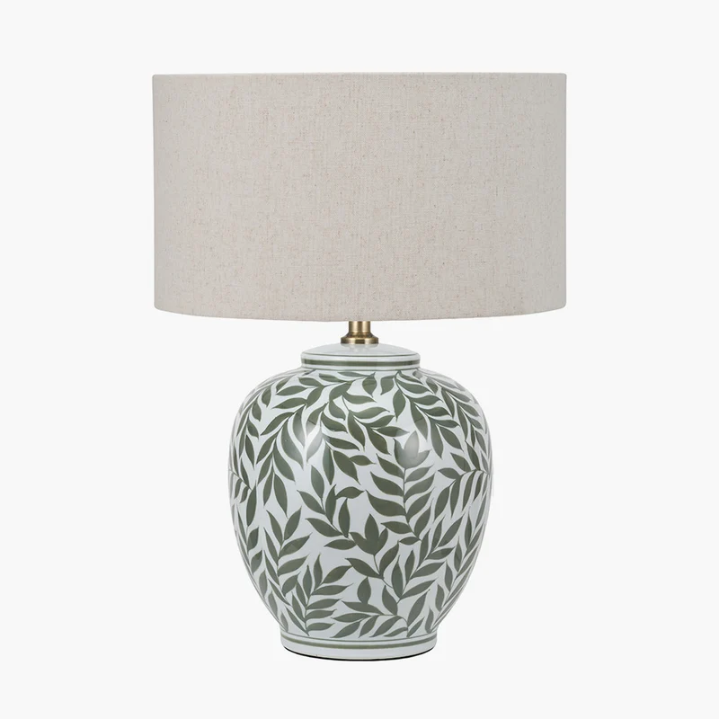Laurel Olive Leaf Ceramic Table Lamp Base with Quinn 40cm Slubby Hopsack Cylinder Lampshade