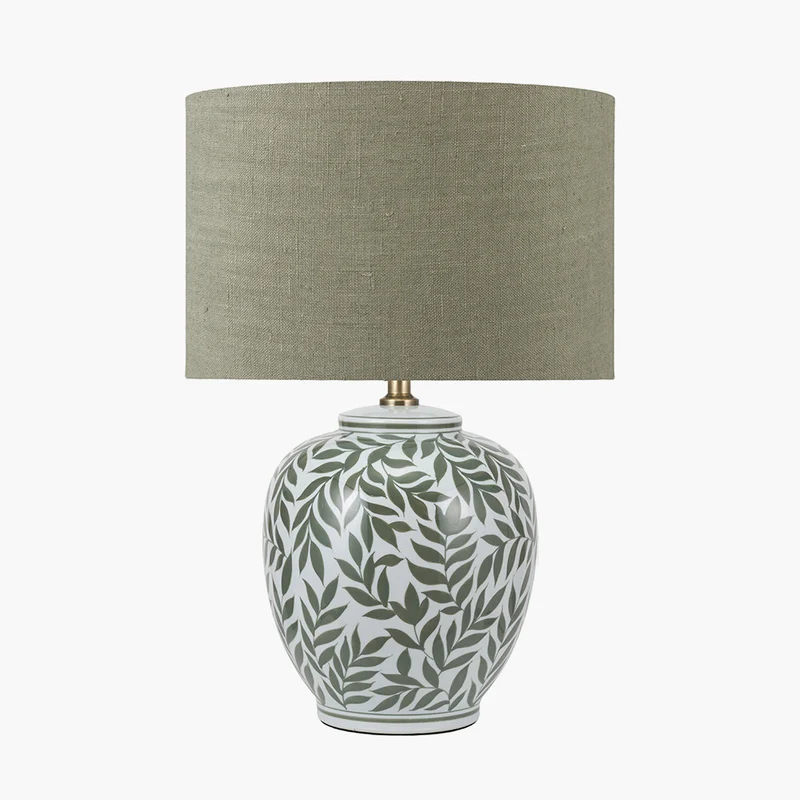 Laurel Olive Leaf Ceramic Table Lamp Base with Edward 40cm Pistachio Green Linen Cylinder Lampshade