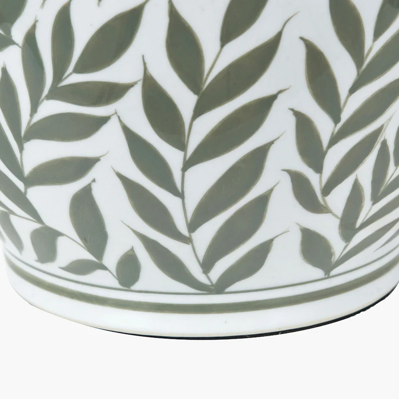 Laurel Olive Leaf Ceramic Table Lamp Base with Edward 40cm Pistachio Green Linen Cylinder Lampshade