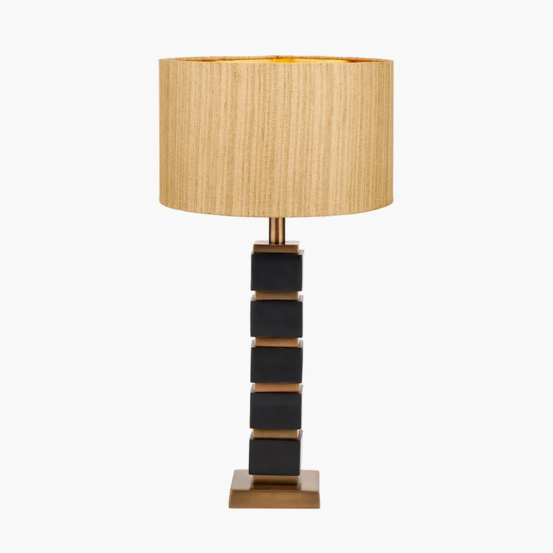 Maximo Matt Black and Antique Brass Cube Design Table Lamp Base with Stellan 35cm Gold Slubbed Silk Mix Gold Lined Cylinder Lampshade