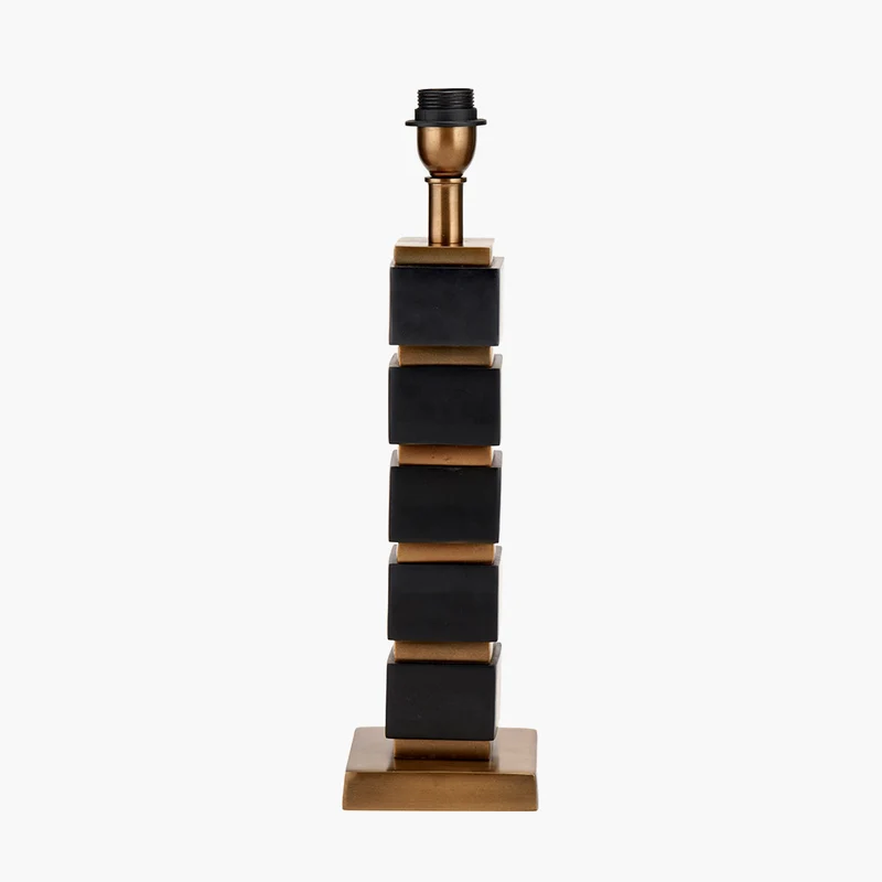 Maximo Matt Black and Antique Brass Cube Design Table Lamp Base with Stellan 35cm Gold Slubbed Silk Mix Gold Lined Cylinder Lampshade