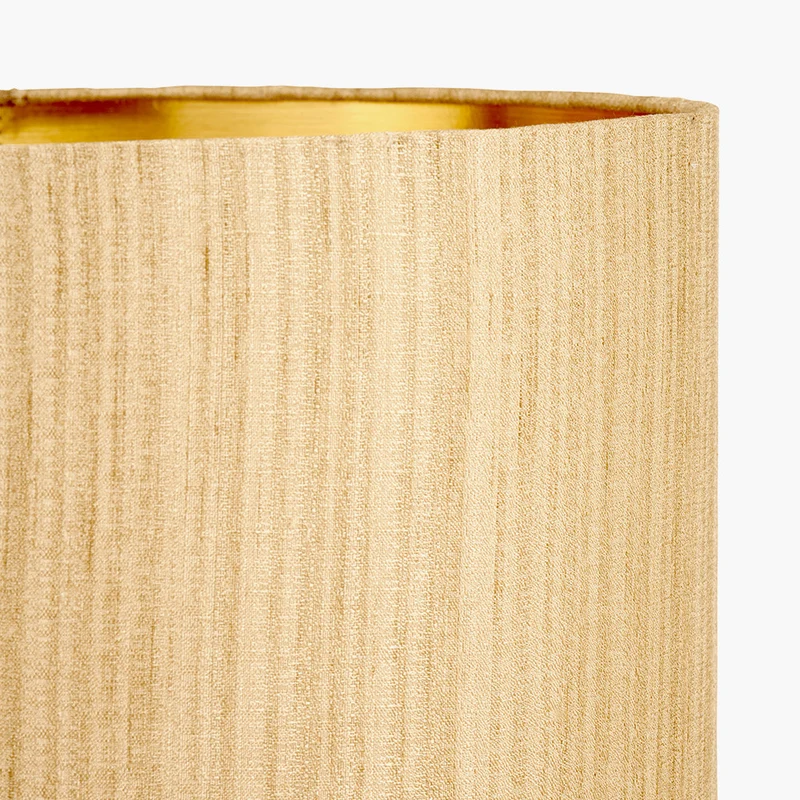 Maximo Matt Black and Antique Brass Cube Design Table Lamp Base with Stellan 35cm Gold Slubbed Silk Mix Gold Lined Cylinder Lampshade