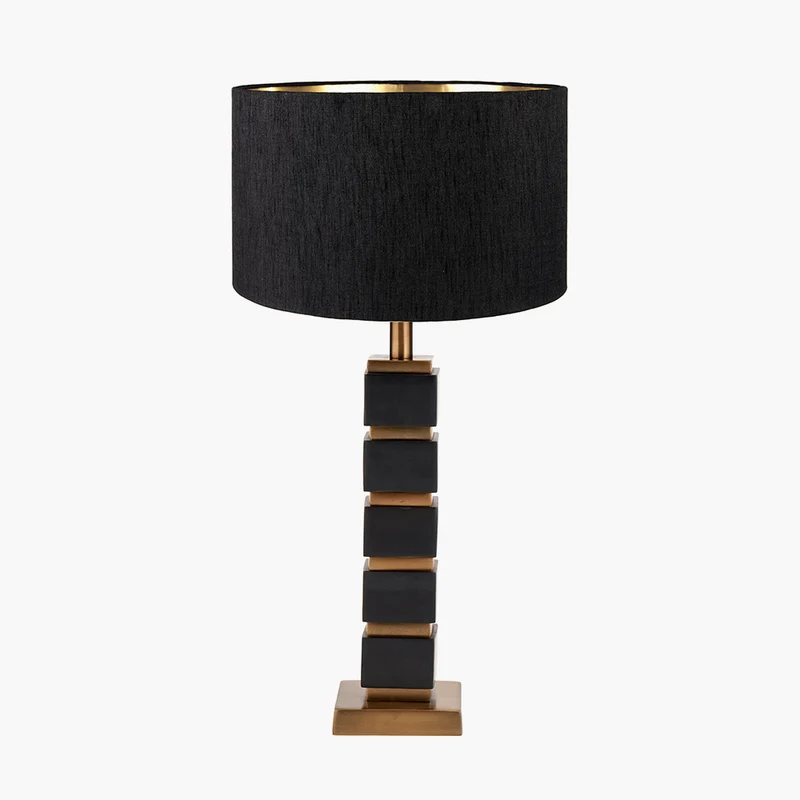 Maximo Matt Black and Antique Brass Cube Design Table Lamp Base with Stellan 35cm Black Slubbed Silk Mix Gold Lined Cylinder Lampshade