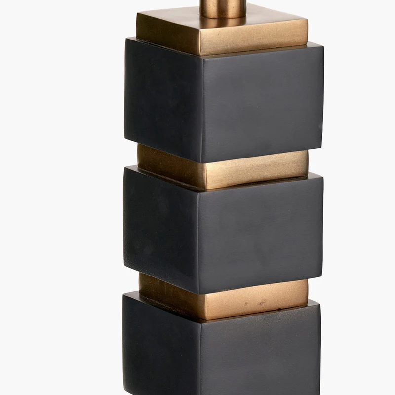 Maximo Matt Black and Antique Brass Cube Design Table Lamp Base with Stellan 35cm Black Slubbed Silk Mix Gold Lined Cylinder Lampshade