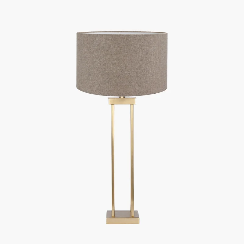 Langston Satin Brass Metal Column Table Lamp Base with Edward 40cm Natural Linen Cylinder Lampshade