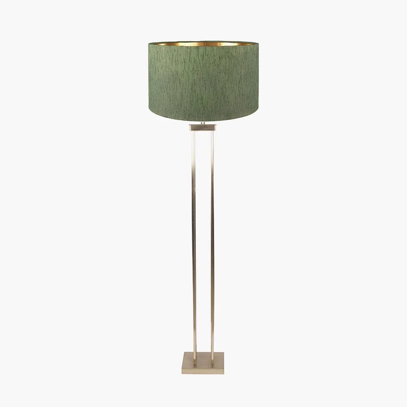 Langston Satin Brass Metal Column Floor Lamp Base with Stellan 45cm Green Slubbed Silk Mix Gold Lined Cylinder Lampshade