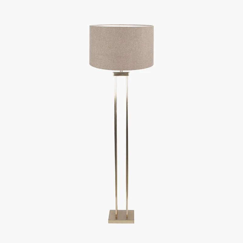 Langston Satin Brass Metal Column Floor Lamp Base with Edward 45cm Natural Linen Cylinder Lampshade