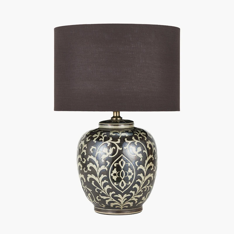 Florentine Grey and White Ceramic Table Lamp Base with Lino 40cm Bitter Chocolate Self Lined Linen Cylinder Lampshade