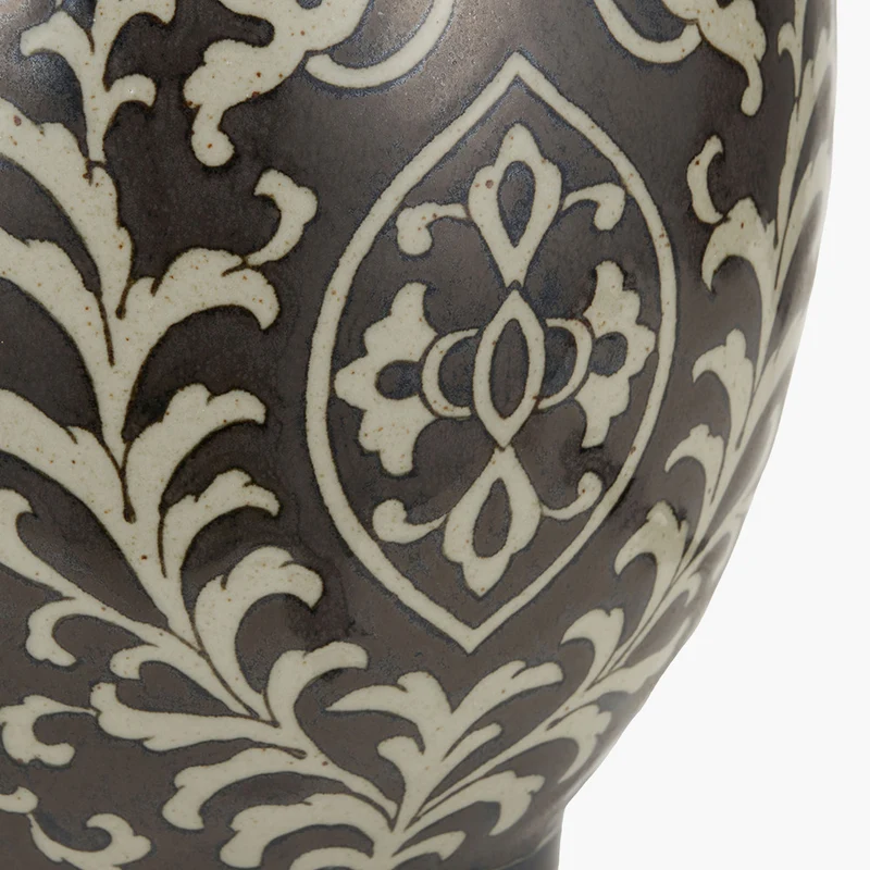 Florentine Grey and White Ceramic Table Lamp Base with Lino 40cm Bitter Chocolate Self Lined Linen Cylinder Lampshade