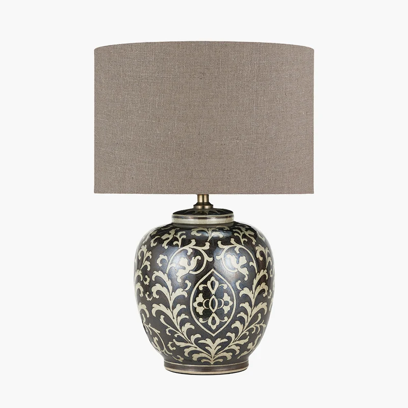 Florentine Grey and White Ceramic Table Lamp Base with Edward 40cm Natural Linen Cylinder Lampshade