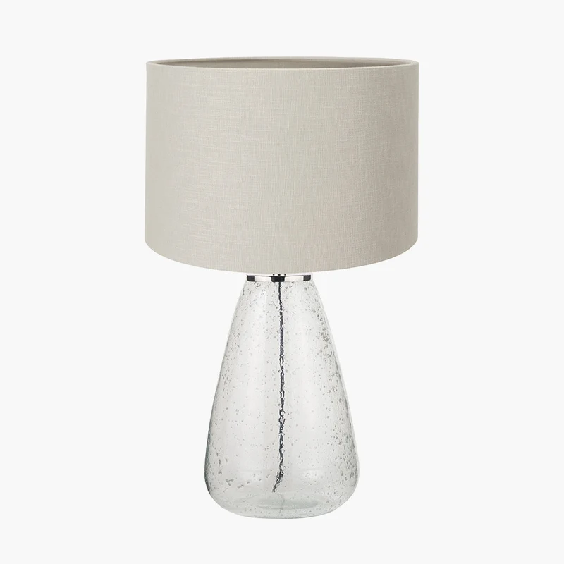 Elysia Bubble Glass and Silver Metal Table Lamp Base with Lino 40cm Grey Self Lined Linen Cylinder Lampshade