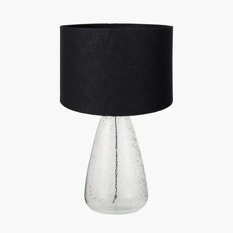 Elysia Bubble Glass and Silver Metal Table Lamp Base with Lino 40cm Black Self Lined Linen Cylinder Lampshade