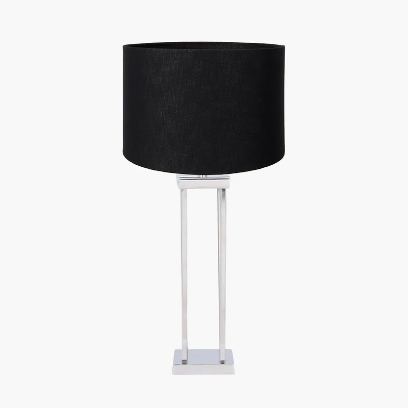 Langston Nickel Metal Column Table Lamp Base with Lino 40cm Black Self Lined Linen Cylinder Lampshade