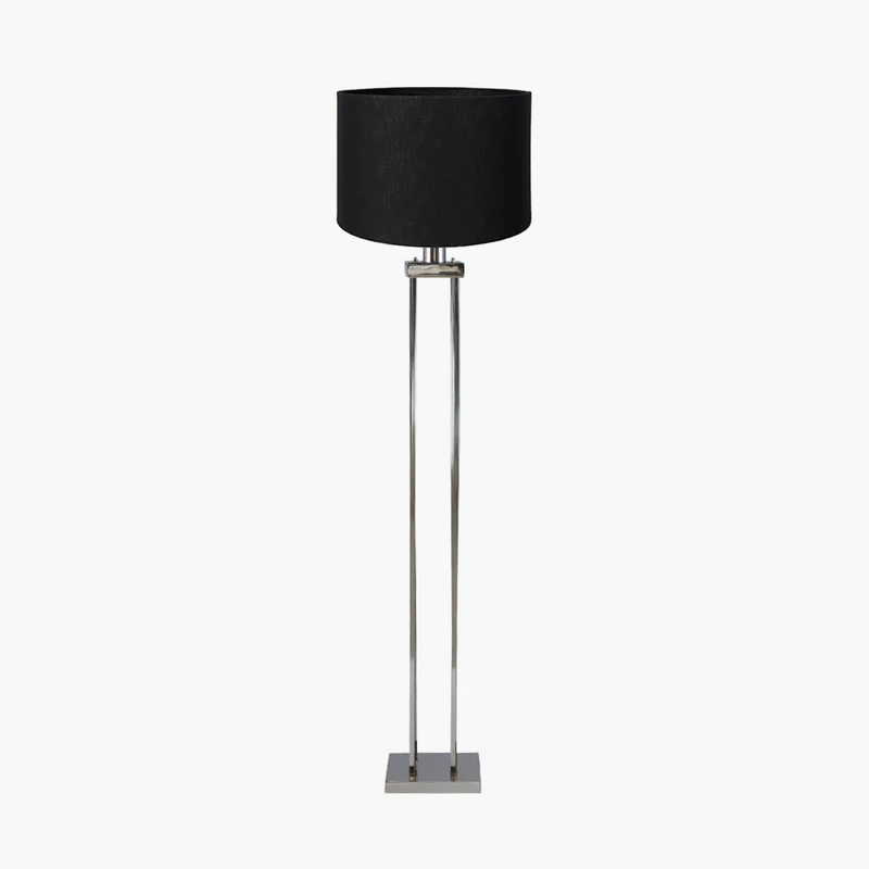Langston Nickel Metal Column Floor Lamp Base with Lino 45cm Black Self Lined Linen Cylinder Lampshade