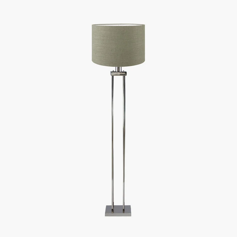 Langston Nickel Metal Column Floor Lamp Base with Edward 45cm Pistachio Green Linen Cylinder Lampshade
