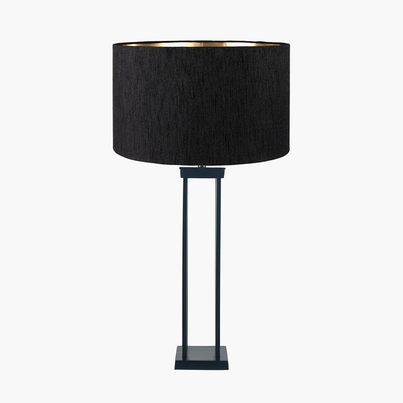 Langston Matt Black Metal Column Table Lamp Base with Stellan 40cm Black Slubbed Silk Mix Gold Lined Cylinder Lampshade