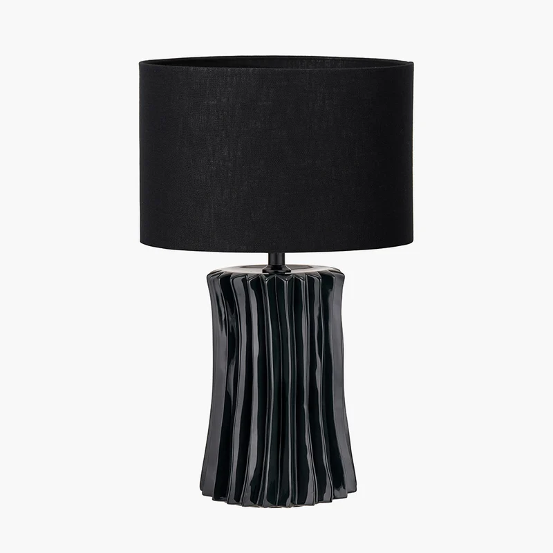 Devony Black Pleated Ceramic Table Lamp Base with Lino 35cm Black Self Lined Linen Cylinder Lampshade
