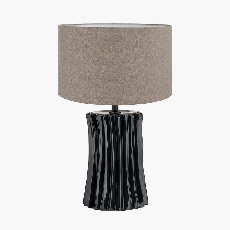 Devony Black Pleated Ceramic Table Lamp Base with Edward 35cm Natural Linen Cylinder Lampshade