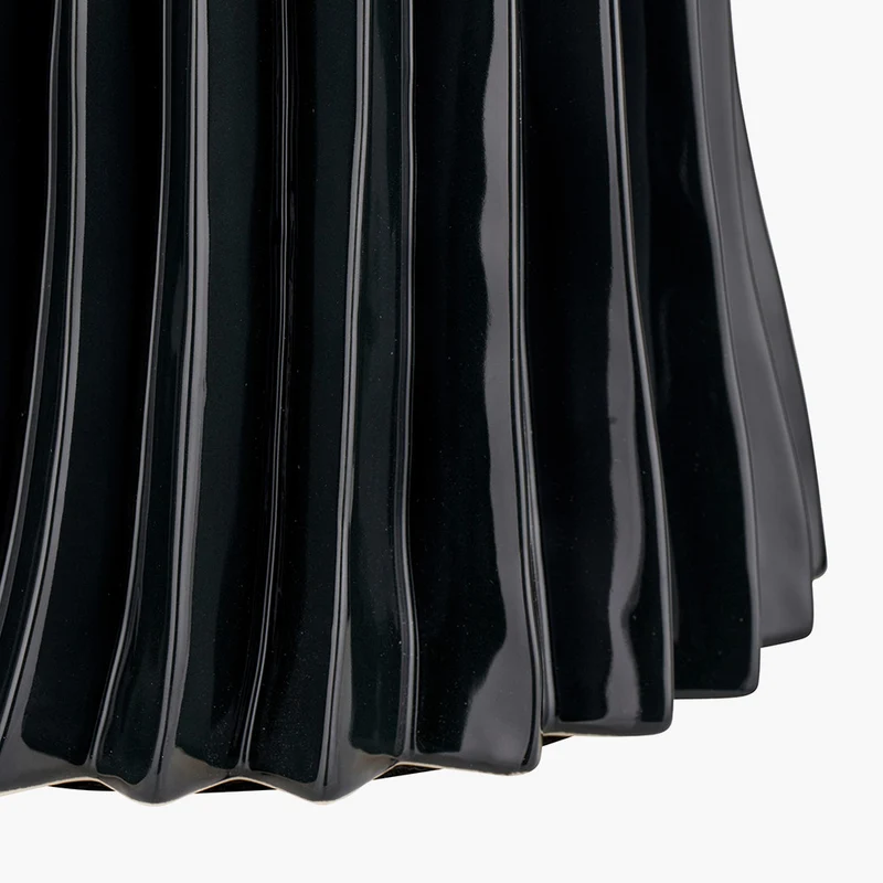 Devony Black Pleated Ceramic Table Lamp Base with Edward 35cm Natural Linen Cylinder Lampshade